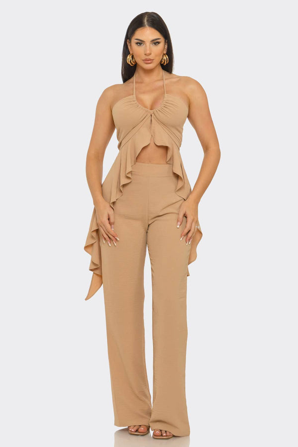 Nude halter drape pant set from She Rare Boutique
