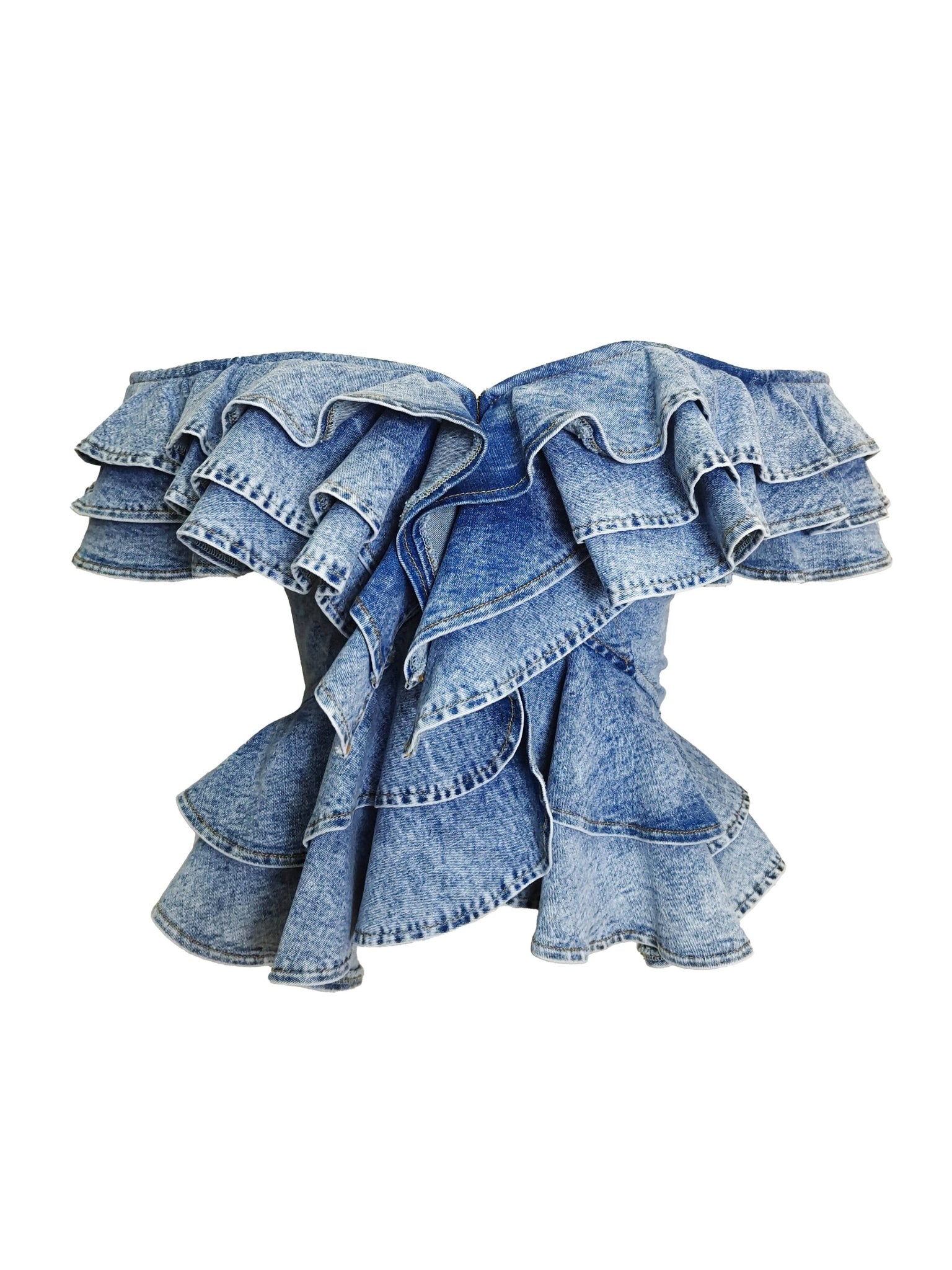 Off Shoulder Ruffle Denim Corset Top - She Rare Boutique