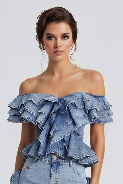 Off Shoulder Ruffle Denim Corset Top - She Rare Boutique