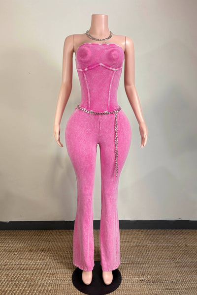 Pink Mineral Wash Chain Detail Jumpsuit - She Rare Boutique