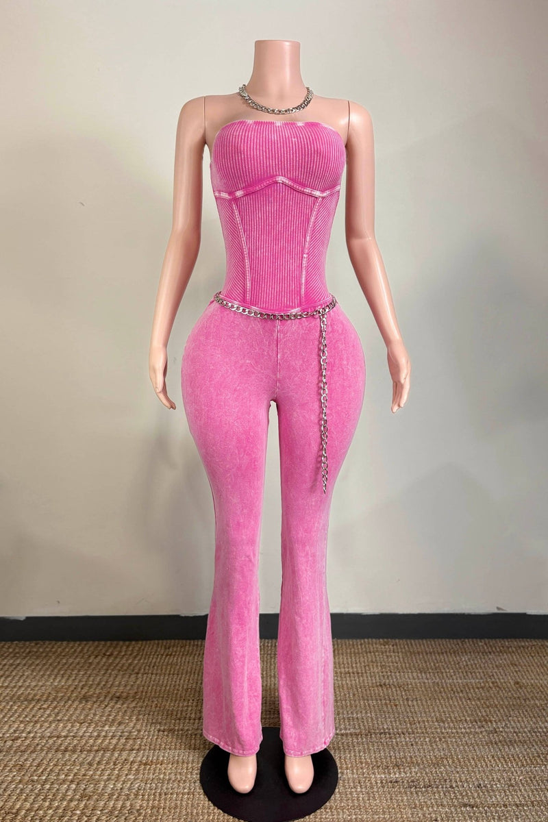 Pink Mineral Wash Chain Detail Jumpsuit - She Rare Boutique