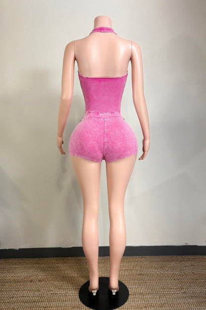 Pink Mineral Wash Halter Romper - She Rare Boutique
