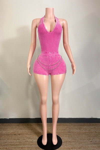 Pink Mineral Wash Halter Romper - She Rare Boutique