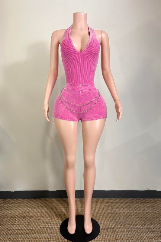 Pink Mineral Wash Halter Romper - She Rare Boutique