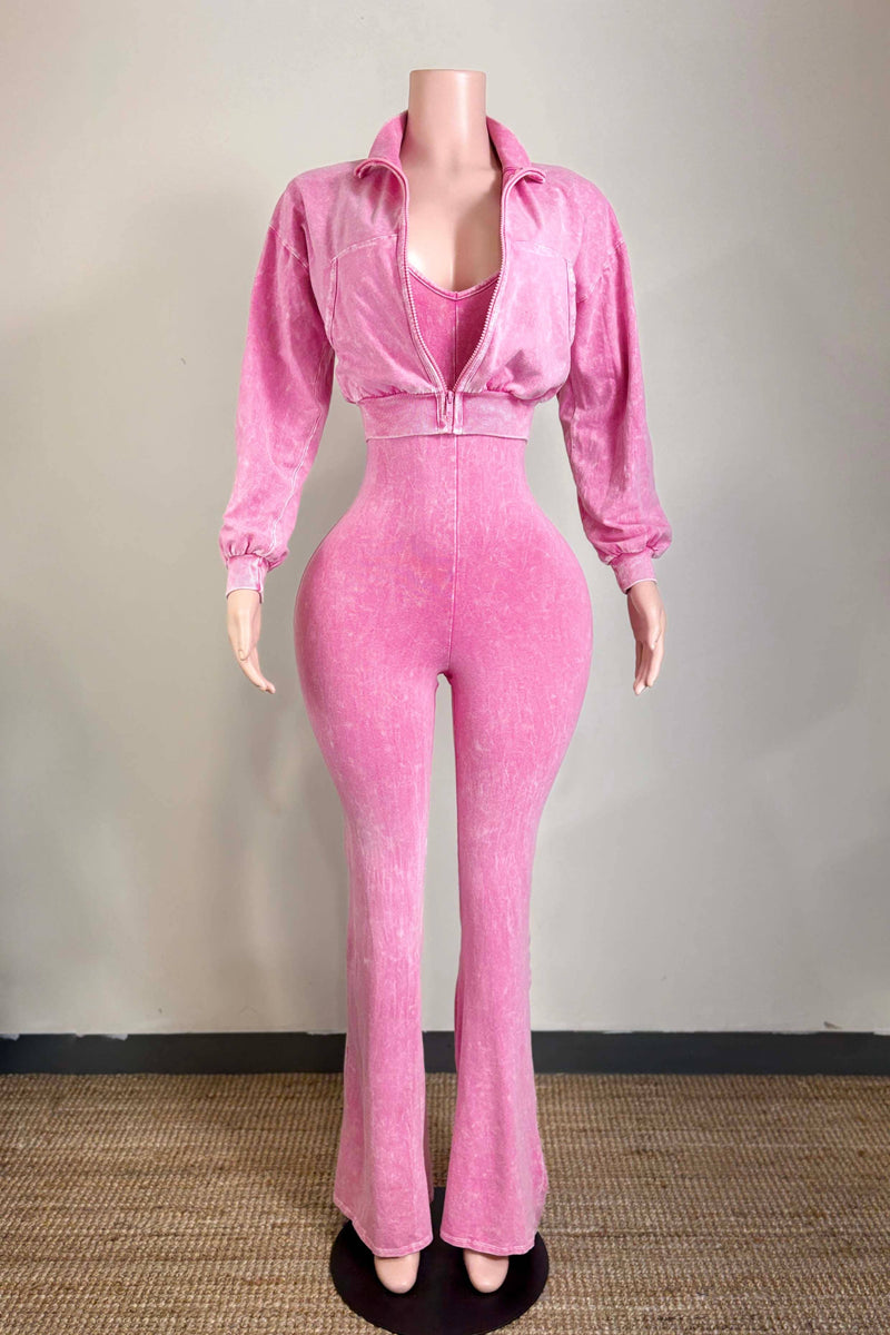 Pink Statement flare jumpsuit set with cropped jacket from She Rare Boutique