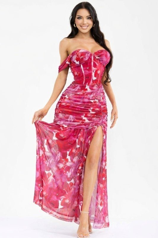 Floral Corset Mesh Maxi Dress - She Rare Boutique