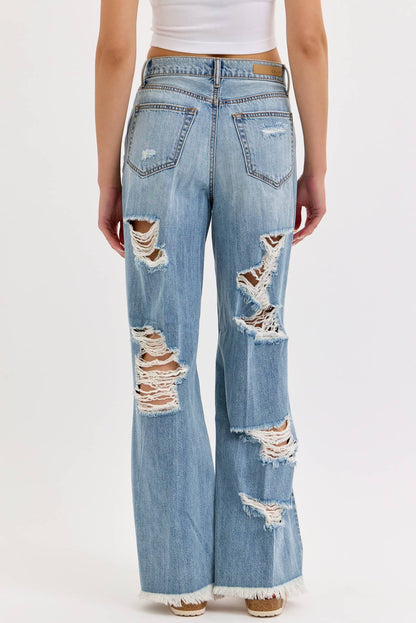 Run The Streets Distressed Wide Leg Jeans - She Rare Boutique