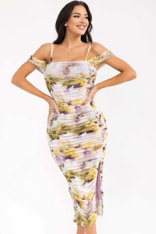 Floral Ruched Off-Shoulder Midi Dress