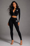 Black Track Star Knit Set with cropped zip-up jacket and matching leggings