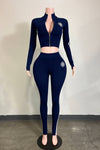 Navy Track Star Knit Set with high neck zip-up jacket and stretch leggings