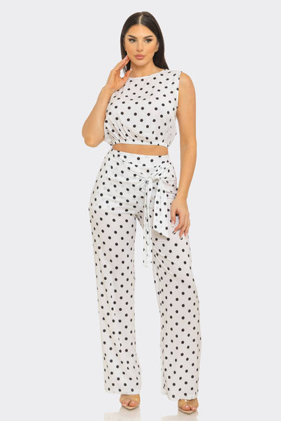 White polka dot wide leg pant set from She Rare Boutique